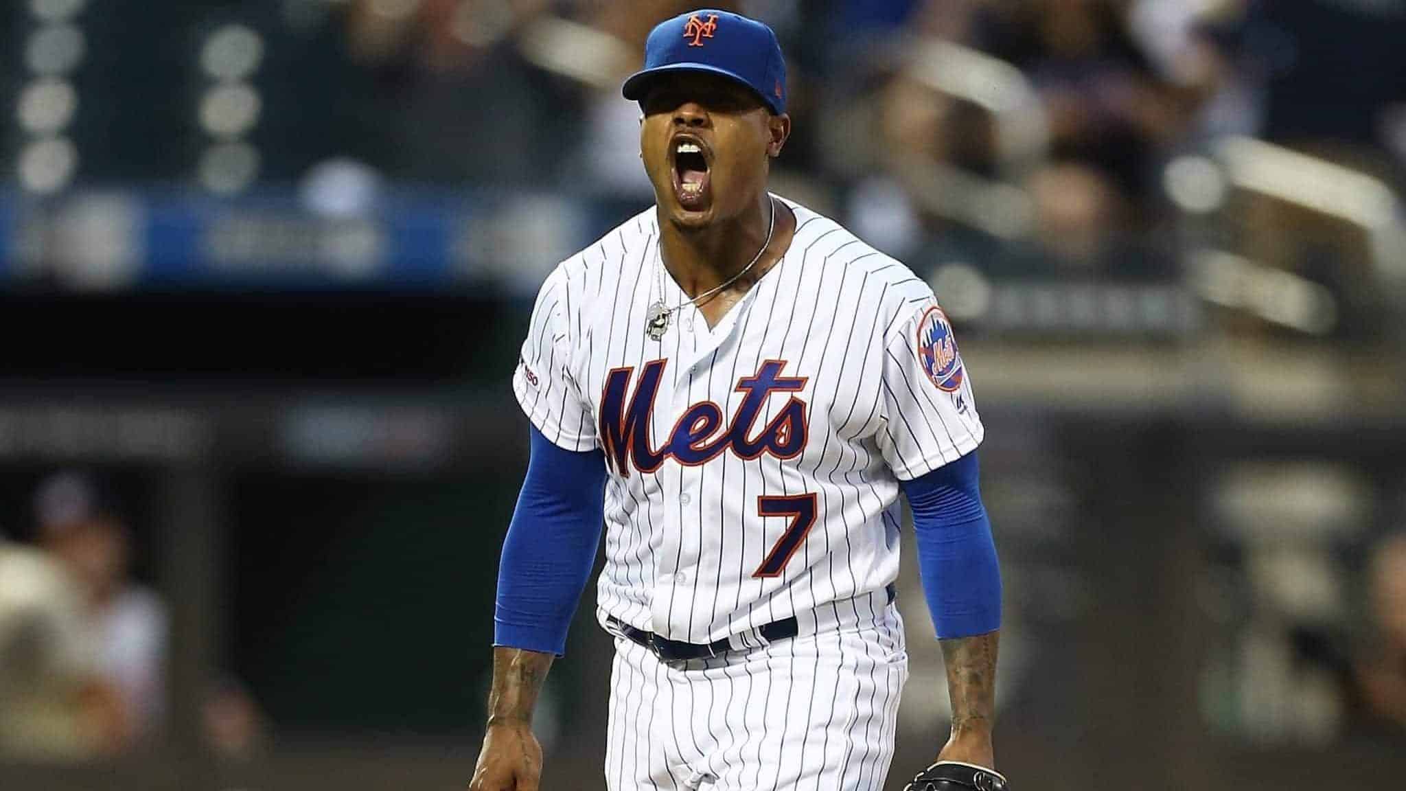 NEW YORK, NEW YORK - AUGUST 09: Marcus Stroman #7 of the New York Mets reacts after striking out Trea Turner #7 of the Washington Nationals to end the top of the third inning at Citi Field on August 09, 2019 in New York City.