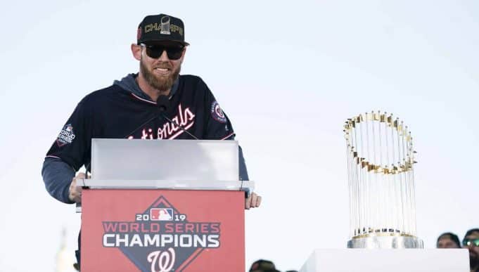 WASHINGTON, DC - NOVEMBER 02: Stephen Strasburg #37 of the Washington Nationals speaks during a parade to celebrate the Washington Nationals World Series victory over the Houston Astros on November 2, 2019 in Washington, DC. This is the first World Series win for the Nationals in 95 years.