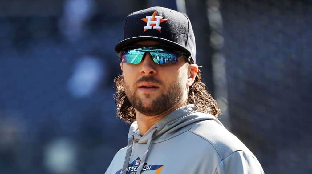 NEW YORK, NEW YORK - OCTOBER 15: Jake Marisnick #6 of the Houston Astros looks on during batting practice prior to game three of the American League Championship Series against the New York Yankees at Yankee Stadium on October 15, 2019 in New York City.