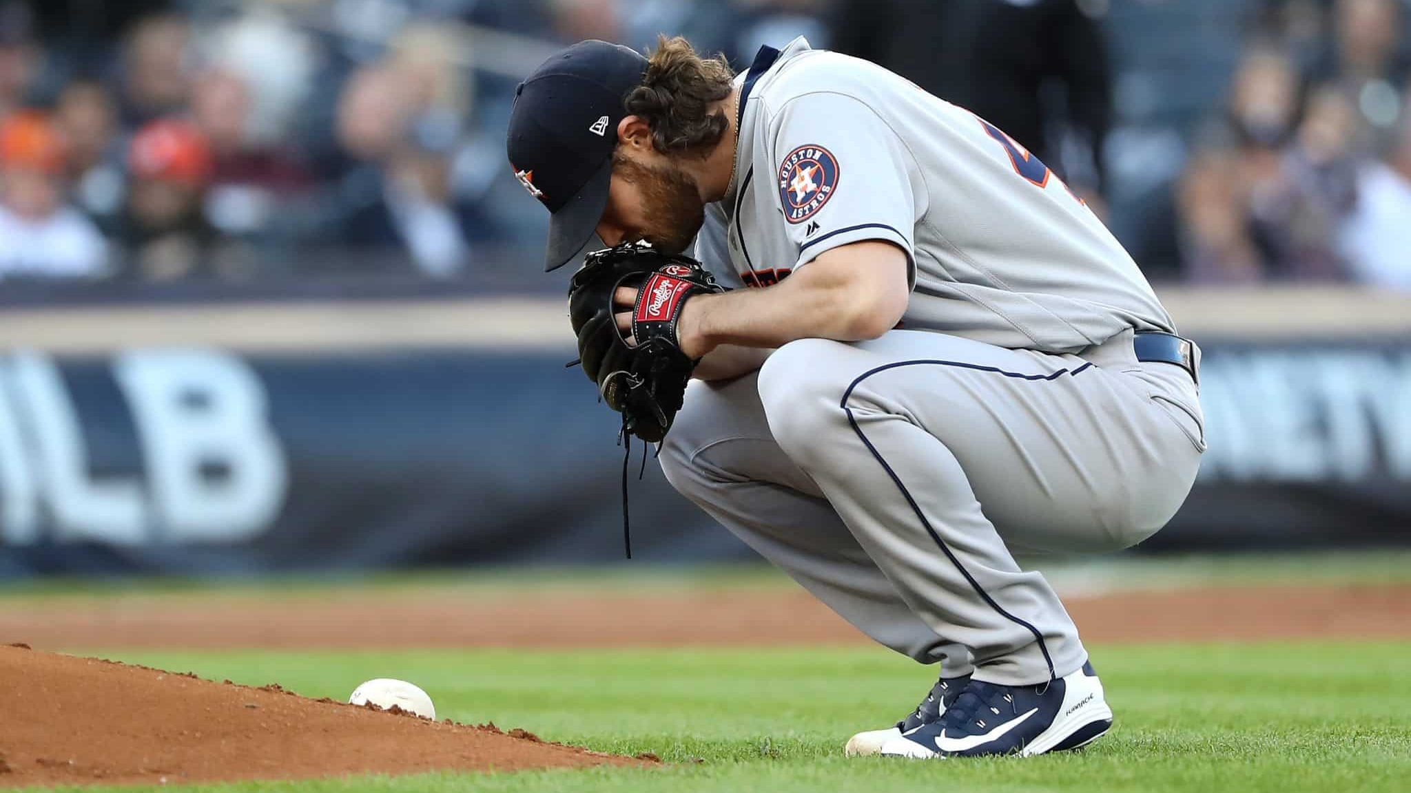 NEW YORK, NEW YORK - OCTOBER 15: Gerrit Cole #45 of the Houston Astros reacts during the first inning against the New York Yankees in game three of the American League Championship Series at Yankee Stadium on October 15, 2019 in New York City.