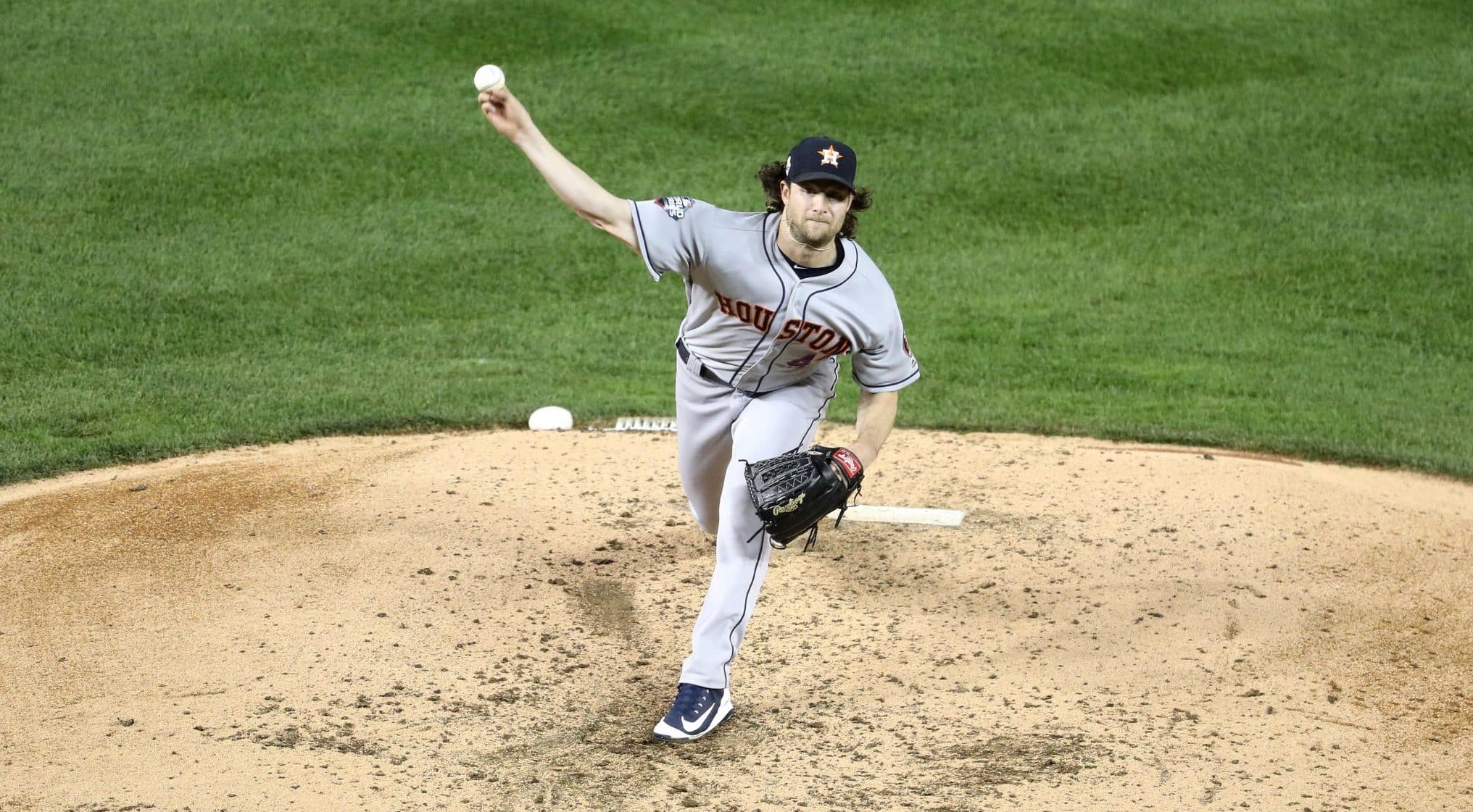 WASHINGTON, DC - OCTOBER 27: Gerrit Cole #45 of the Houston Astros delivers the pitch against the Washington Nationals during the fourth inning in Game Five of the 2019 World Series at Nationals Park on October 27, 2019 in Washington, DC.