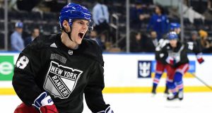 NEW YORK, NEW YORK - NOVEMBER 12: Lias Andersson #28 of the New York Rangers reacts during warmups prior to their game against the Pittsburgh Penguins at Madison Square Garden on November 12, 2019 in New York City.