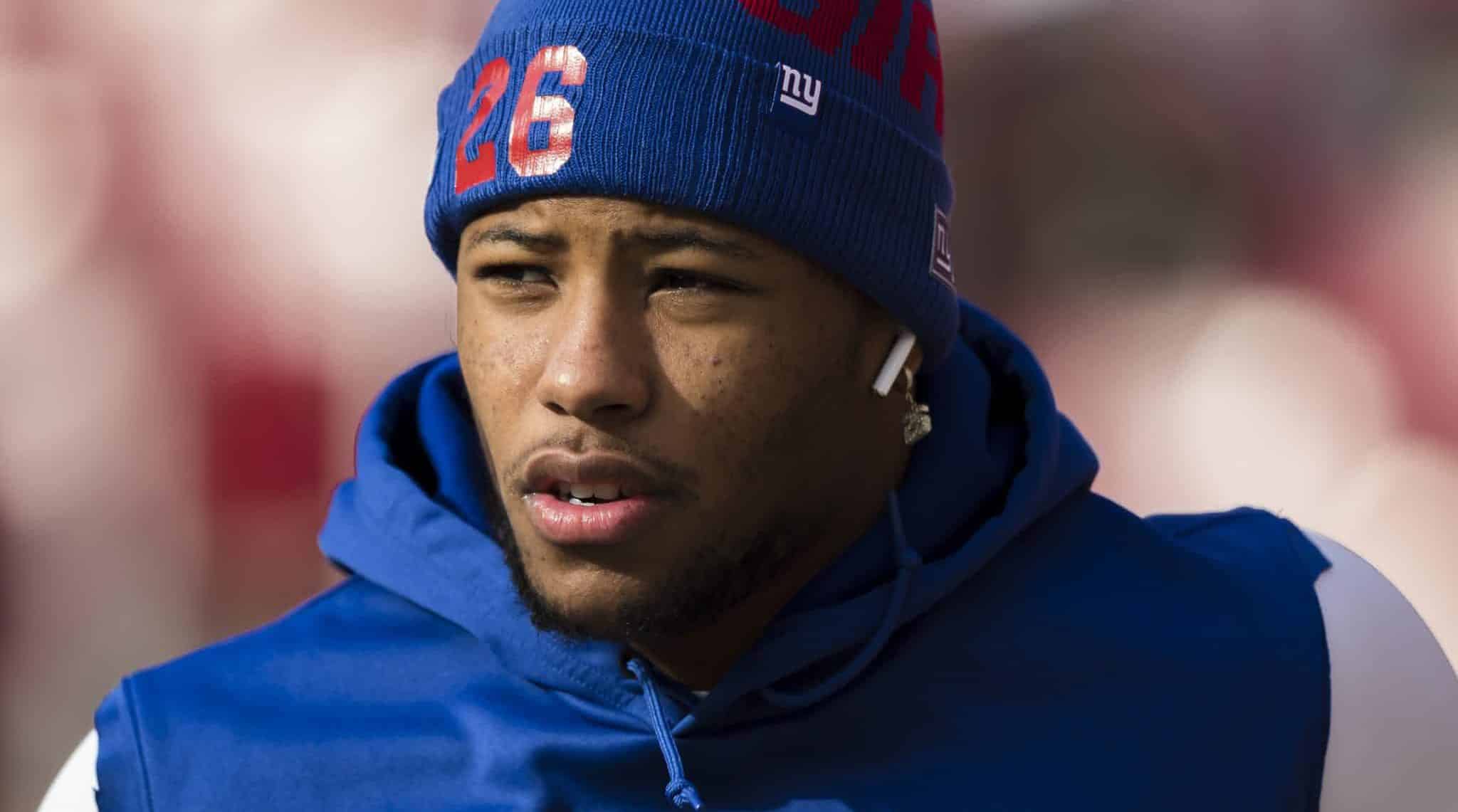 LANDOVER, MD - DECEMBER 22: Saquon Barkley #26 of the New York Giants takes the field before the game against the Washington Redskins at FedExField on December 22, 2019 in Landover, Maryland.