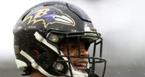 BALTIMORE, MARYLAND - DECEMBER 01: Lamar Jackson #8 of the Baltimore Ravens celebrates against the San Francisco 49ers after throwing a first quarter touchdown pass at M&T Bank Stadium on December 01, 2019 in Baltimore, Maryland.
