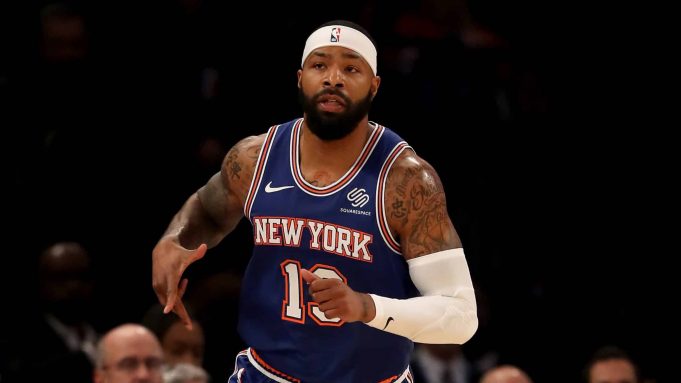 NEW YORK, NEW YORK - DECEMBER 05: Marcus Morris Sr. #13 of the New York Knicks celebrates his shot in the first half against the Denver Nuggets at Madison Square Garden on December 05, 2019 in New York City. NOTE TO USER: User expressly acknowledges and agrees that, by downloading and or using this photograph, User is consenting to the terms and conditions of the Getty Images License Agreement.