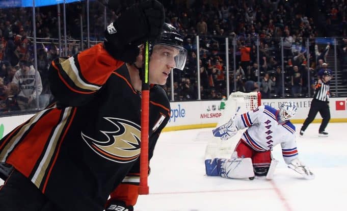 ANAHEIM, CALIFORNIA - DECEMBER 14: Jakob Silfverberg #33 of the Anaheim Ducks scores the game winning goal in the shoot-out against Henrik Lundqvist #30 of the New York Rangers at the Honda Center on December 14, 2019 in Anaheim, California. The Ducks defeated the Rangers 4-3 in the shoot-out.