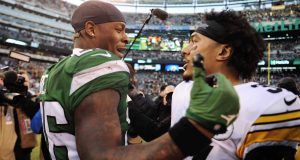 EAST RUTHERFORD, NEW JERSEY - DECEMBER 22: Le'Veon Bell #26 of the New York Jets greets Jordan Dangerfield #37 of the Pittsburgh Steelers after the game at MetLife Stadium on December 22, 2019 in East Rutherford, New Jersey.