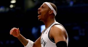 NEW YORK, NY - MAY 10: Paul Pierce #34 of the Brooklyn Nets reacts in the second quarter against the Miami Heat in Game Three of the Eastern Conference Semifinals during the 2014 NBA Playoffs at the Barclays Center on May 10, 2014 in the Brooklyn borough of New York City. NOTE TO USER: User expressly acknowledges and agrees that, by downloading and/or using this photograph, user is consenting to the terms and conditions of the Getty Images License Agreement.