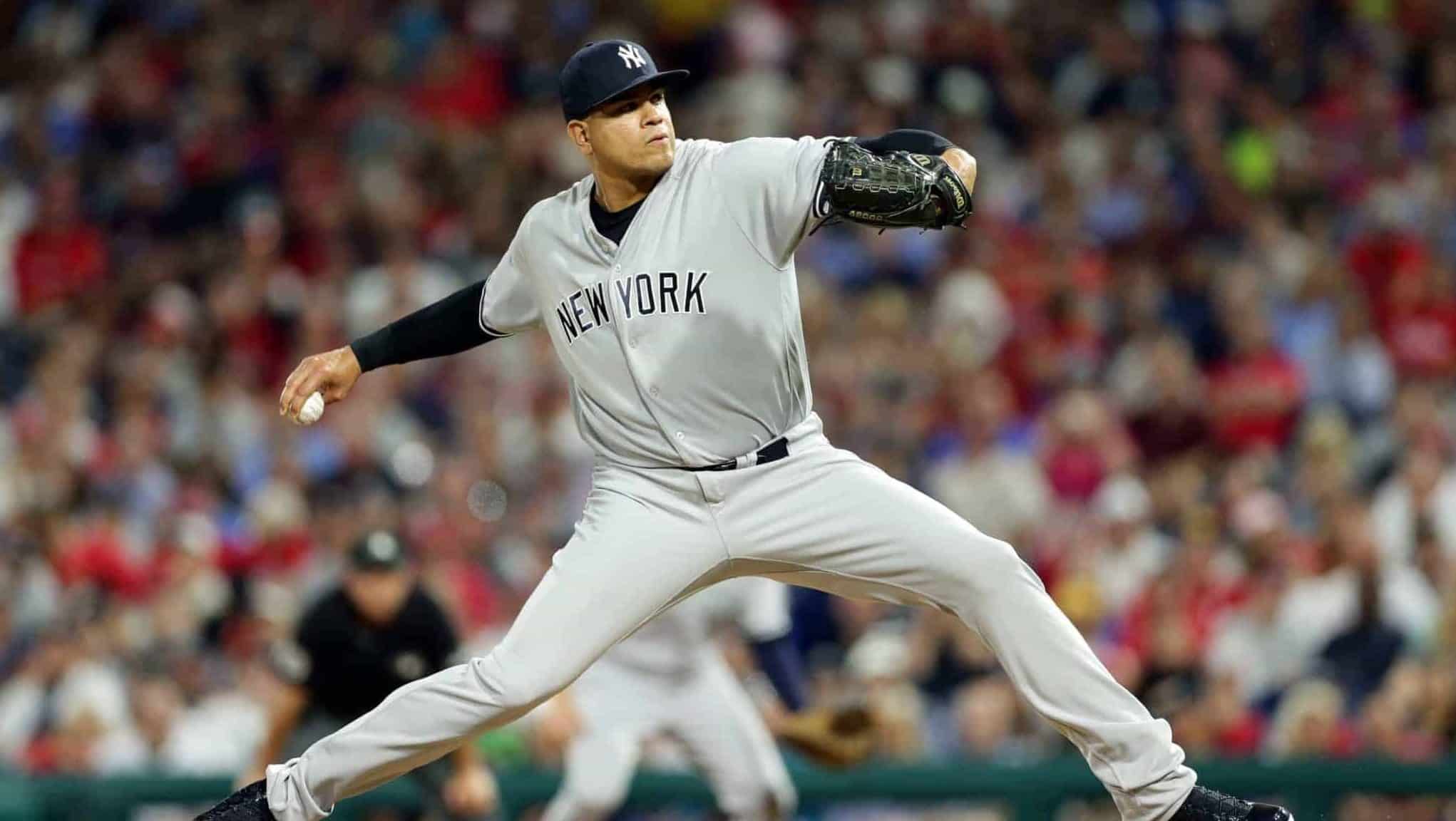 PHILADELPHIA, PA - JUNE 25: Dellin Betances #68 of the New York Yankees delivers a pitch in the seventh inning during a game against the Philadelphia Phillies at Citizens Bank Park on June 25, 2018 in Philadelphia, Pennsylvania. The Yankees won 4-2.