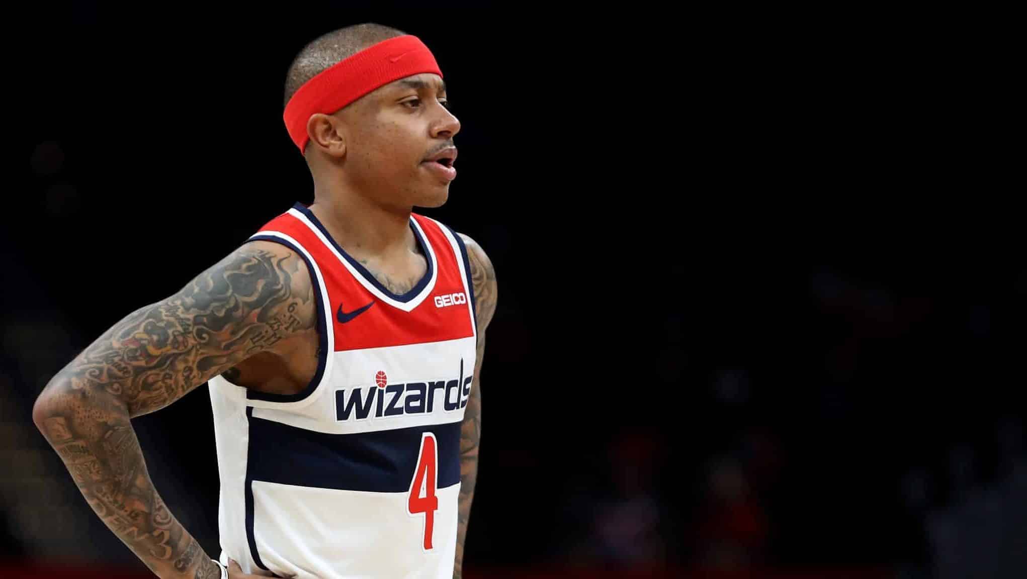 WASHINGTON, DC - NOVEMBER 22: Isaiah Thomas #4 of the Washington Wizards looks on against the Charlotte Hornets in the first half at Capital One Arena on November 22, 2019 in Washington, DC. NOTE TO USER: User expressly acknowledges and agrees that, by downloading and/or using this photograph, user is consenting to the terms and conditions of the Getty Images License Agreement.
