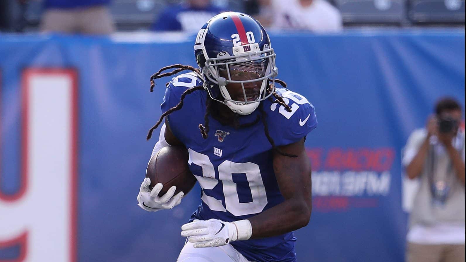 EAST RUTHERFORD, NEW JERSEY - SEPTEMBER 29: Janoris Jenkins #20 of the New York Giants returns an interception against the Washington Redskins during their game at MetLife Stadium on September 29, 2019 in East Rutherford, New Jersey.