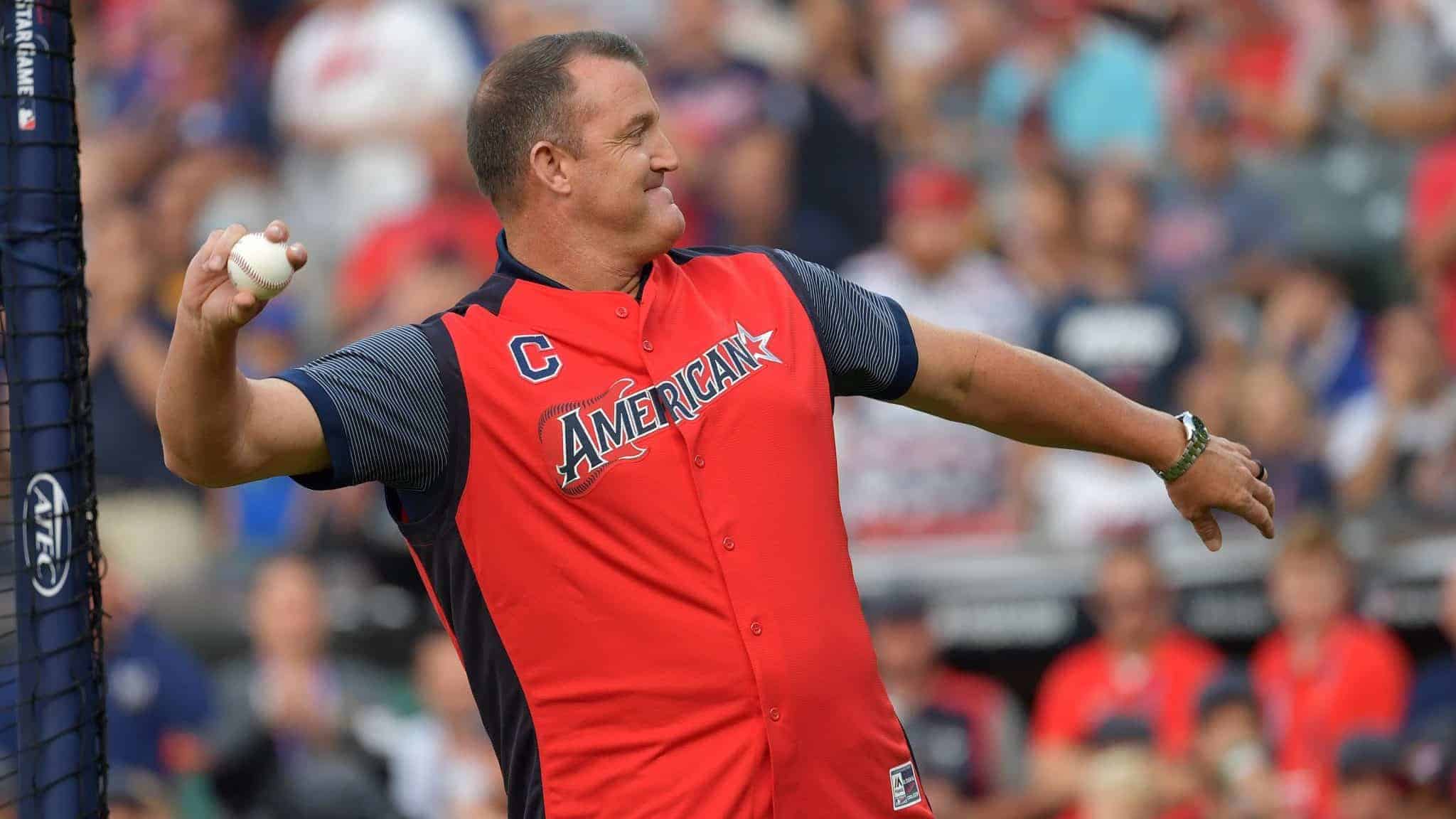 CLEVELAND, OHIO - JULY 08: Former Cleveland Indian Jim Thome throws out the ceremonial first pitch prior to the T-Mobile Home Run Derby at Progressive Field on July 08, 2019 in Cleveland, Ohio.