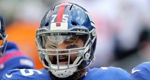 EAST RUTHERFORD, NEW JERSEY - DECEMBER 15: Jon Halapio #75 of the New York Giants looks on during warm ups before the game against the Miami Dolphins at MetLife Stadium on December 15, 2019 in East Rutherford, New Jersey.