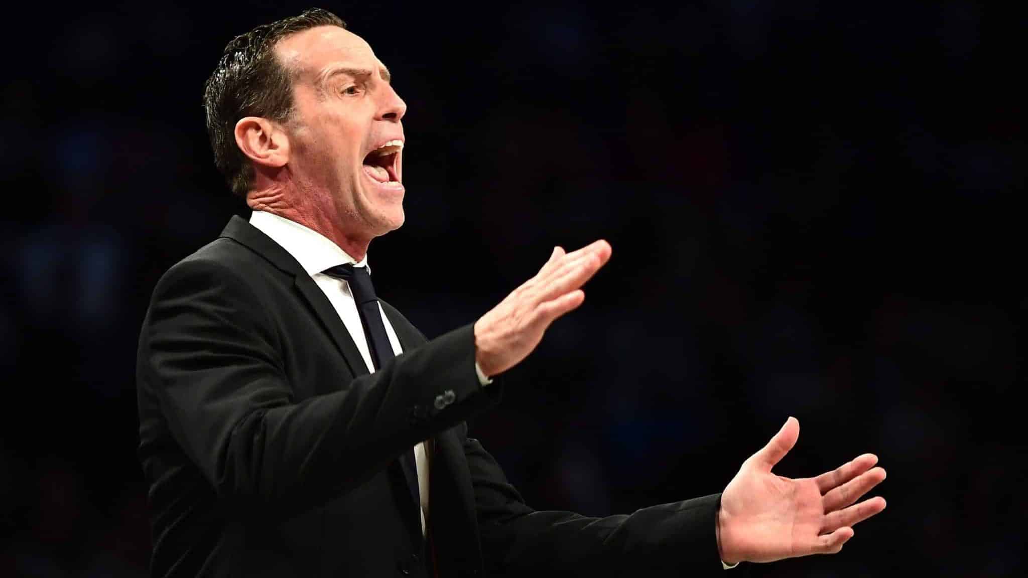 NEW YORK, NEW YORK - OCTOBER 23: Brooklyn Nets head coach Kenny Atkinson reacts during the first half of their game against the Minnesota Timberwolves at Barclays Center on October 23, 2019 in the Brooklyn borough of New York City. NOTE TO USER: User expressly acknowledges and agrees that, by downloading and or using this photograph, User is consenting to the terms and conditions of the Getty Images License Agreement.