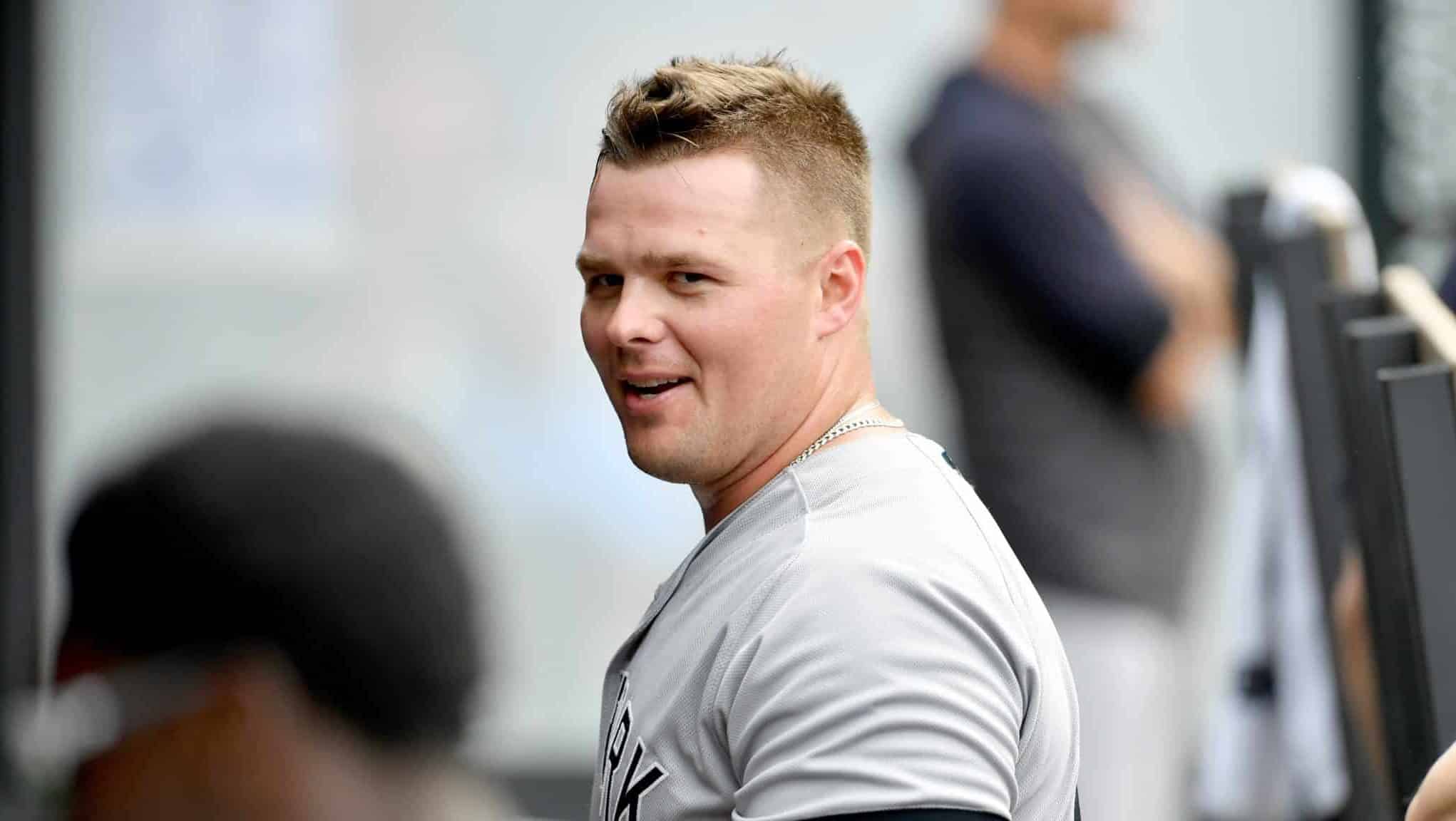 CLEVELAND, OHIO - JUNE 09: Luke Voit #45 of the New York Yankees celebrates after scoring on a sacrifice fly by Clint Frazier #77 to take the lead against the Cleveland Indians during the ninth inning at Progressive Field on June 09, 2019 in Cleveland, Ohio.
