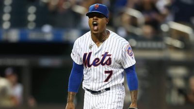 NEW YORK, NEW YORK - AUGUST 09: Marcus Stroman #7 of the New York Mets reacts after striking out Trea Turner #7 of the Washington Nationals to end the top of the third inning at Citi Field on August 09, 2019 in New York City.