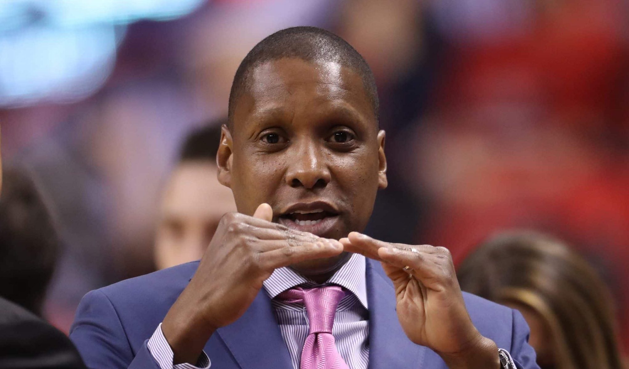 TORONTO, ON - MAY 21: General manager Masai Ujiri of the Toronto Raptors before the start of their game against the Cleveland Cavaliers in Game Three of the Eastern Conference Finals during the 2016 NBA Playoffs at the Air Canada Centre on May 21, 2016 in Toronto, Ontario, Canada. NOTE TO USER: User expressly acknowledges and agrees that, by downloading and or using this photograph, User is consenting to the terms and conditions of the Getty Images License Agreement.