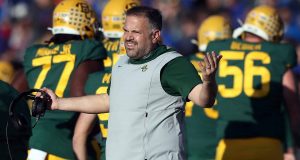 LAWRENCE, KANSAS - NOVEMBER 30: Head coach Matt Rhule of the Baylor Bears reacts on the sidelines during the game against the Kansas Jayhawks at Memorial Stadium on November 30, 2019 in Lawrence, Kansas.