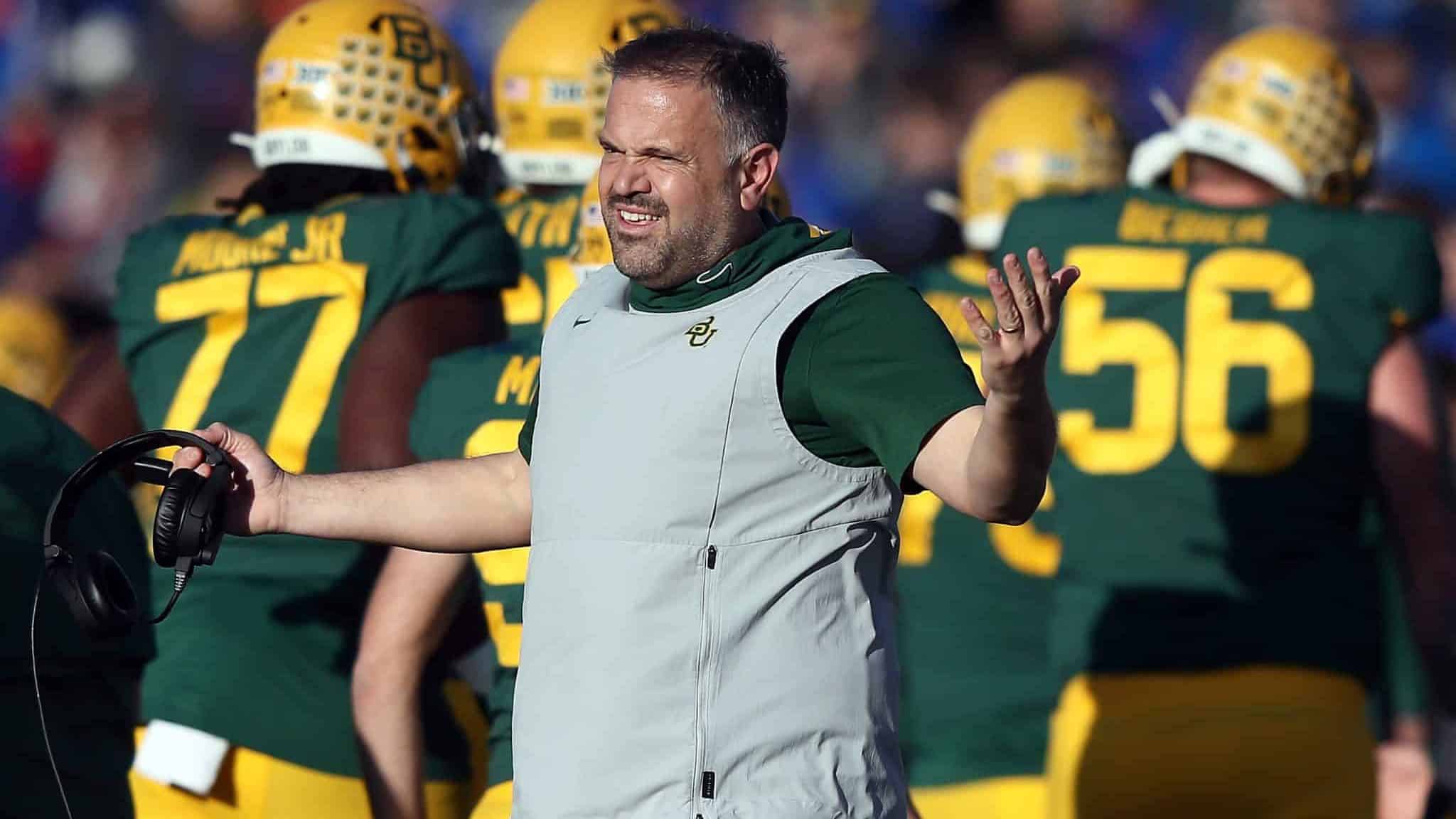 LAWRENCE, KANSAS - NOVEMBER 30: Head coach Matt Rhule of the Baylor Bears reacts on the sidelines during the game against the Kansas Jayhawks at Memorial Stadium on November 30, 2019 in Lawrence, Kansas.