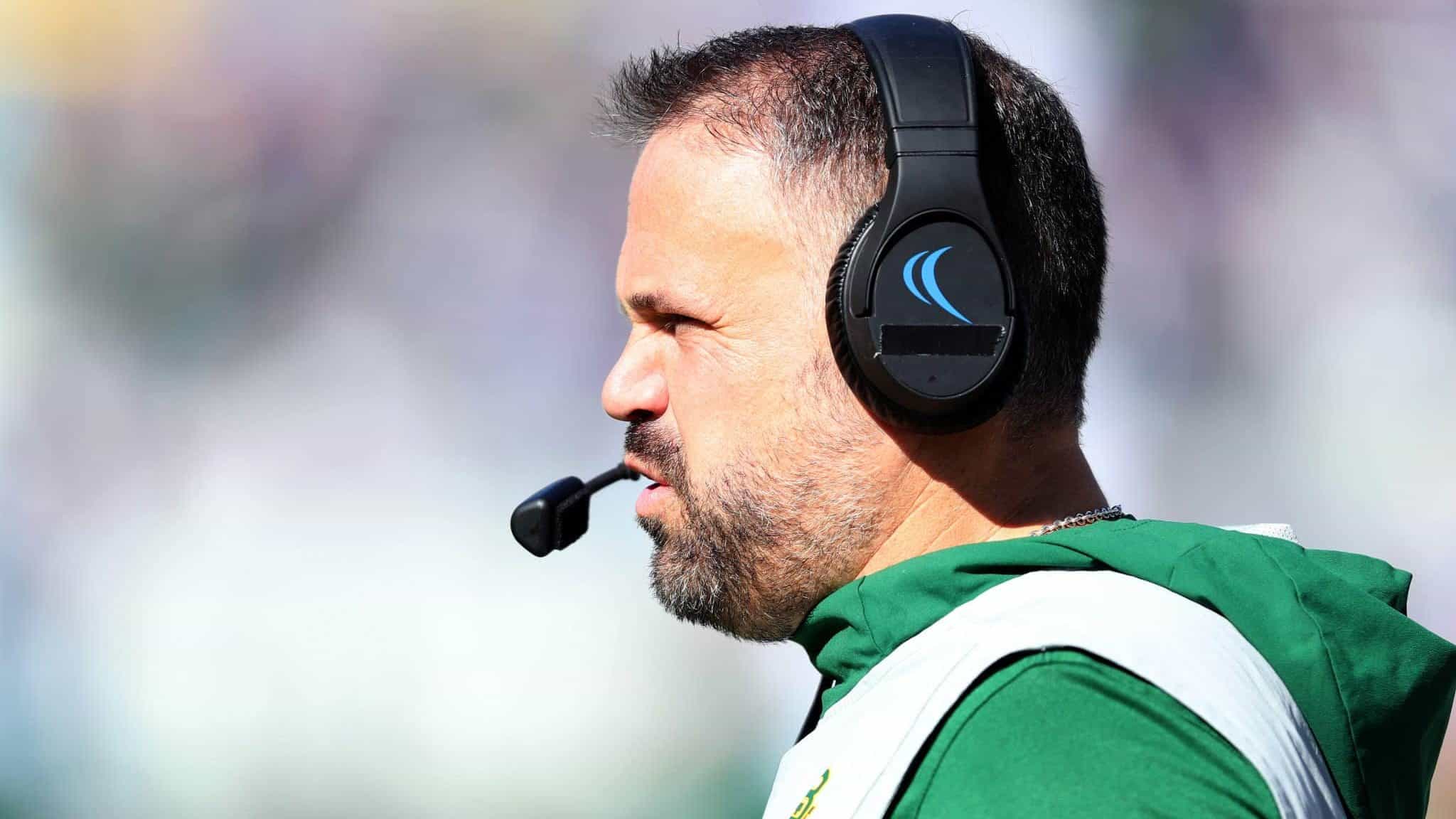 FORT WORTH, TEXAS - NOVEMBER 09: Head coach Matt Rhule of the Baylor Bears leads the Bears against the TCU Horned Frogs in the first quarter at Amon G. Carter Stadium on November 09, 2019 in Fort Worth, Texas.