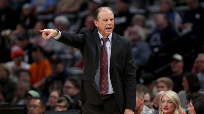 DENVER, COLORADO - DECEMBER 15: Head coach Mike Miller of the New York Knicks instructs his team as the play the Denver Nuggets in the first quarter at the Pepsi Center on December 15, 2019 in Denver, Colorado. NOTE TO USER: User expressly acknowledges and agrees that, by downloading and or using this photograph, User is consenting to the terms and conditions of the Getty Images License Agreement.
