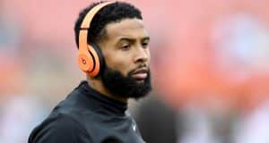CLEVELAND, OHIO - NOVEMBER 24: Wide receiver Odell Beckham #13 of the Cleveland Browns warms up prior to the game against the Miami Dolphins at FirstEnergy Stadium on November 24, 2019 in Cleveland, Ohio.
