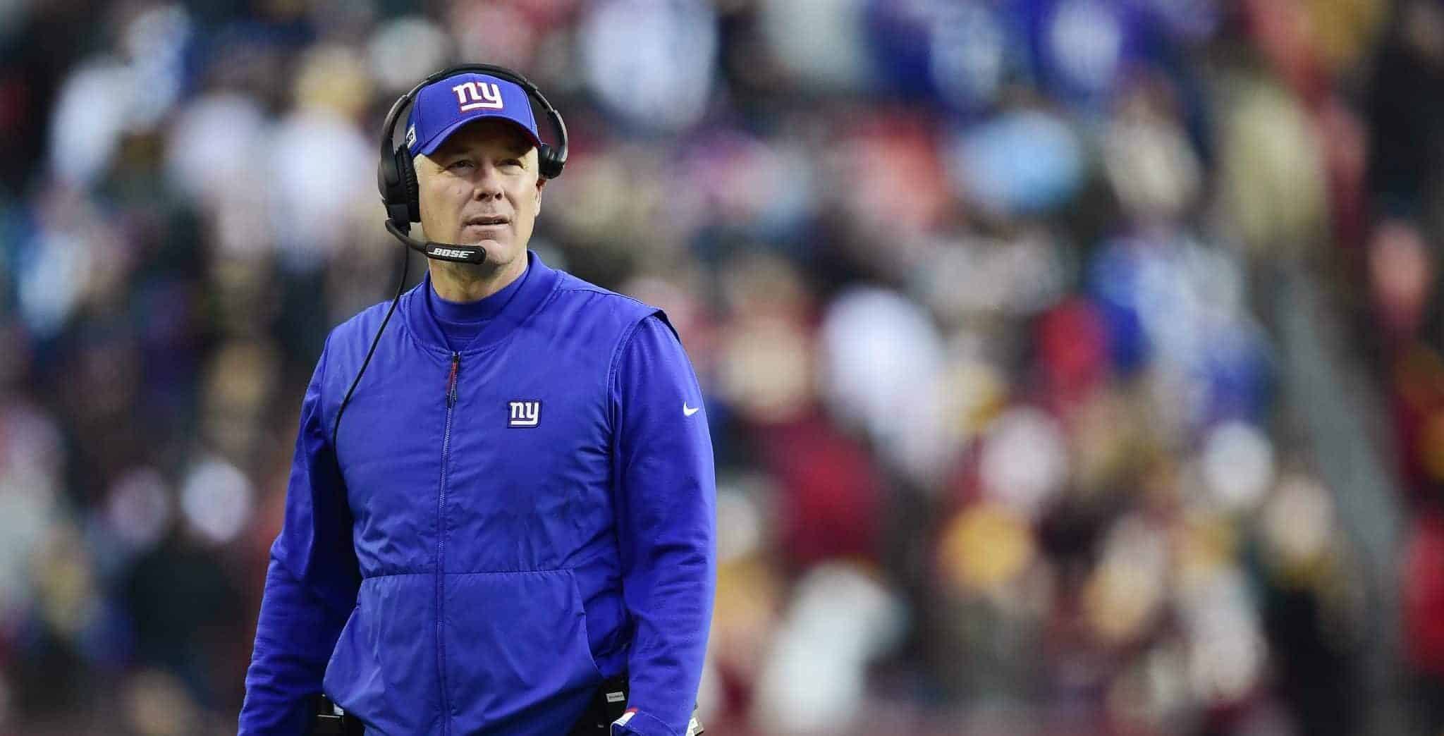 LANDOVER, MD - DECEMBER 22: Head coach Pat Shurmur of the New York Giants looks on from the sideline in the second half against the Washington Redskins at FedExField on December 22, 2019 in Landover, Maryland.