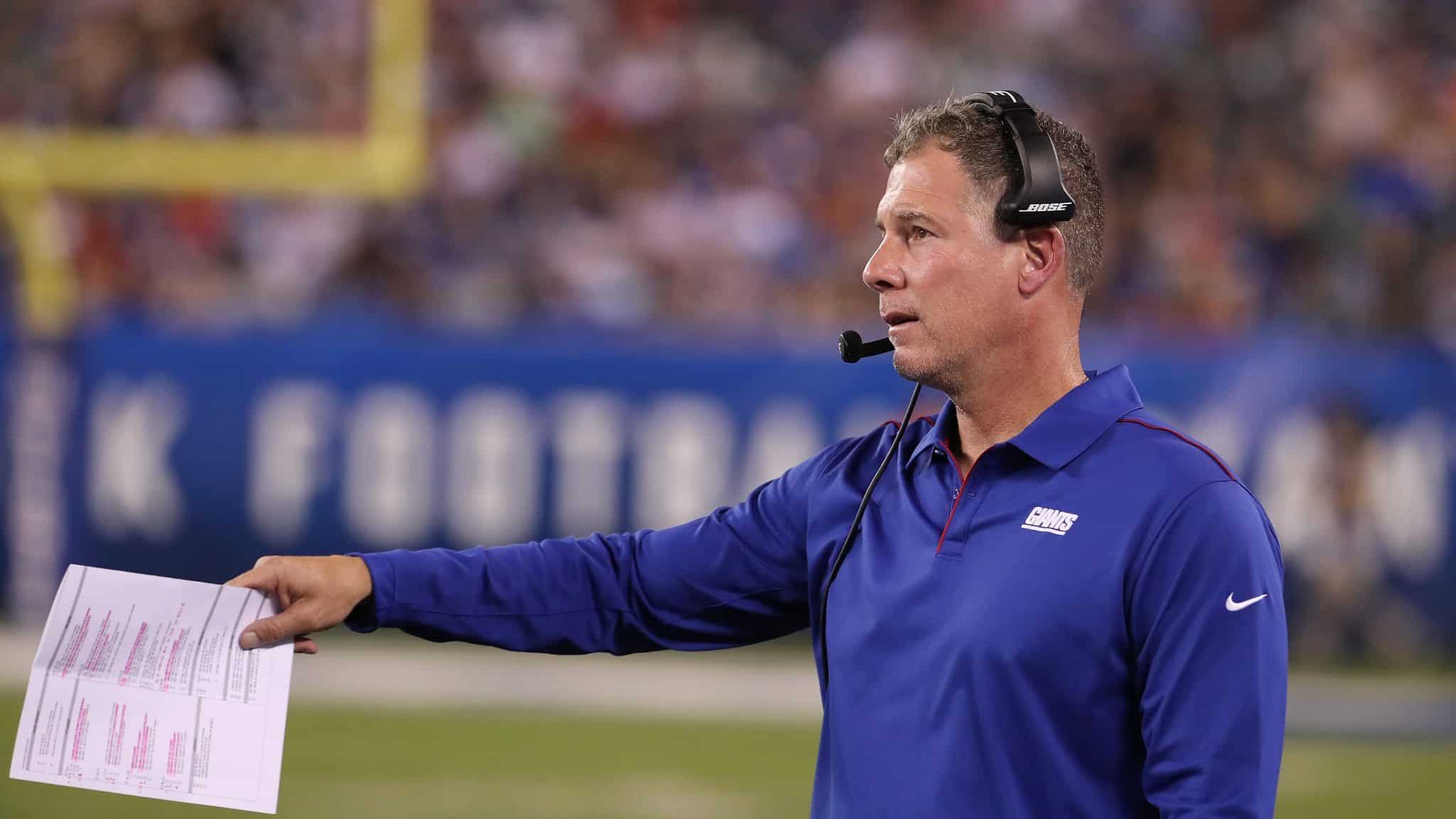 EAST RUTHERFORD, NEW JERSEY - AUGUST 08: Head coach Pat Shurmur of the New York Giants looks on against the New York Jets during their Pre Season game at MetLife Stadium on August 08, 2019 in East Rutherford, New Jersey.