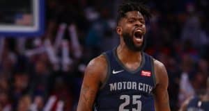 DETROIT, MI - JANUARY 30: Reggie Bullock #25 of the Detroit Pistons reacts to a three point basket while playing the Cleveland Cavaliers at Little Caesars Arena on January 30, 2018 in Detroit, Michigan. Detroit won the game 125-114. NOTE TO USER: User expressly acknowledges and agrees that, by downloading and or using this photograph, User is consenting to the terms and conditions of the Getty Images License Agreement.