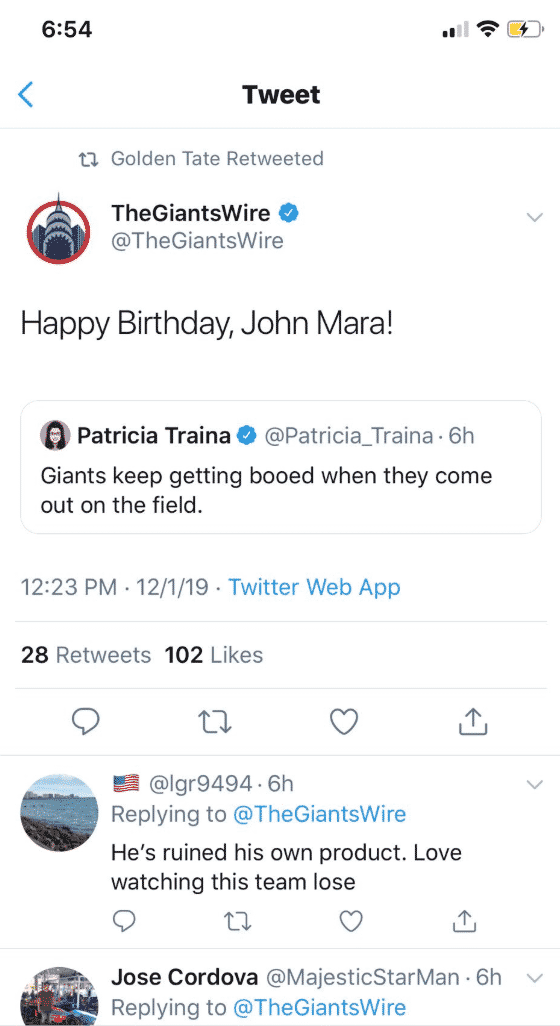 Golden Tate, John Mara Tweet