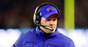 FOXBOROUGH, MASSACHUSETTS - DECEMBER 21: Head coach Sean McDermott of the Buffalo Bills looks on during the first half against the New England Patriots in the game at Gillette Stadium on December 21, 2019 in Foxborough, Massachusetts.