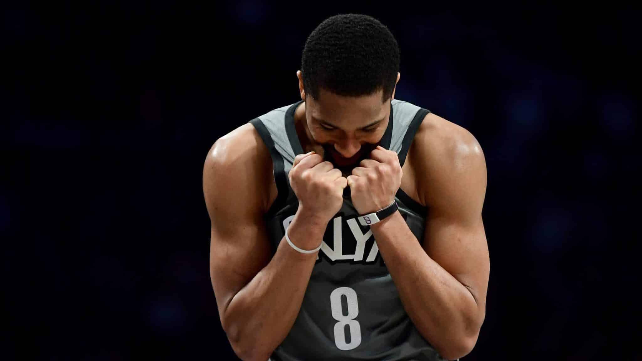NEW YORK, NEW YORK - DECEMBER 21: Spencer Dinwiddie #8 of the Brooklyn Nets reacts to a foul in the second half of their game against the Atlanta Hawks at Barclays Center on December 21, 2019 in New York City. NOTE TO USER: User expressly acknowledges and agrees that, by downloading and or using this photograph, User is consenting to the terms and conditions of the Getty Images License Agreement.