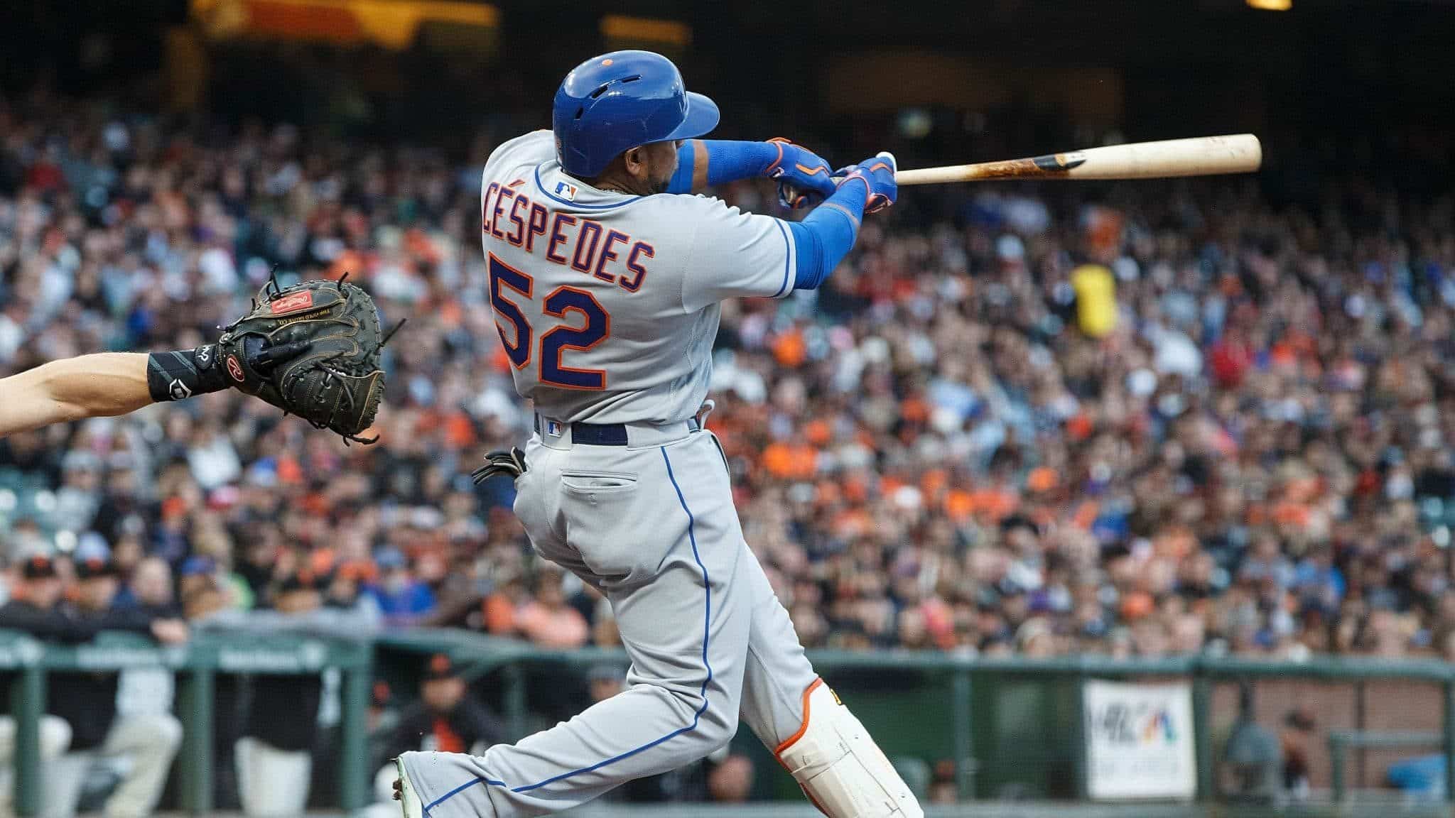 SAN FRANCISCO, CA - JUNE 23: Yoenis Cespedes #52 of the New York Mets hits a two run home run against the San Francisco Giants during the second inning at AT&T Park on June 23, 2017 in San Francisco, California.
