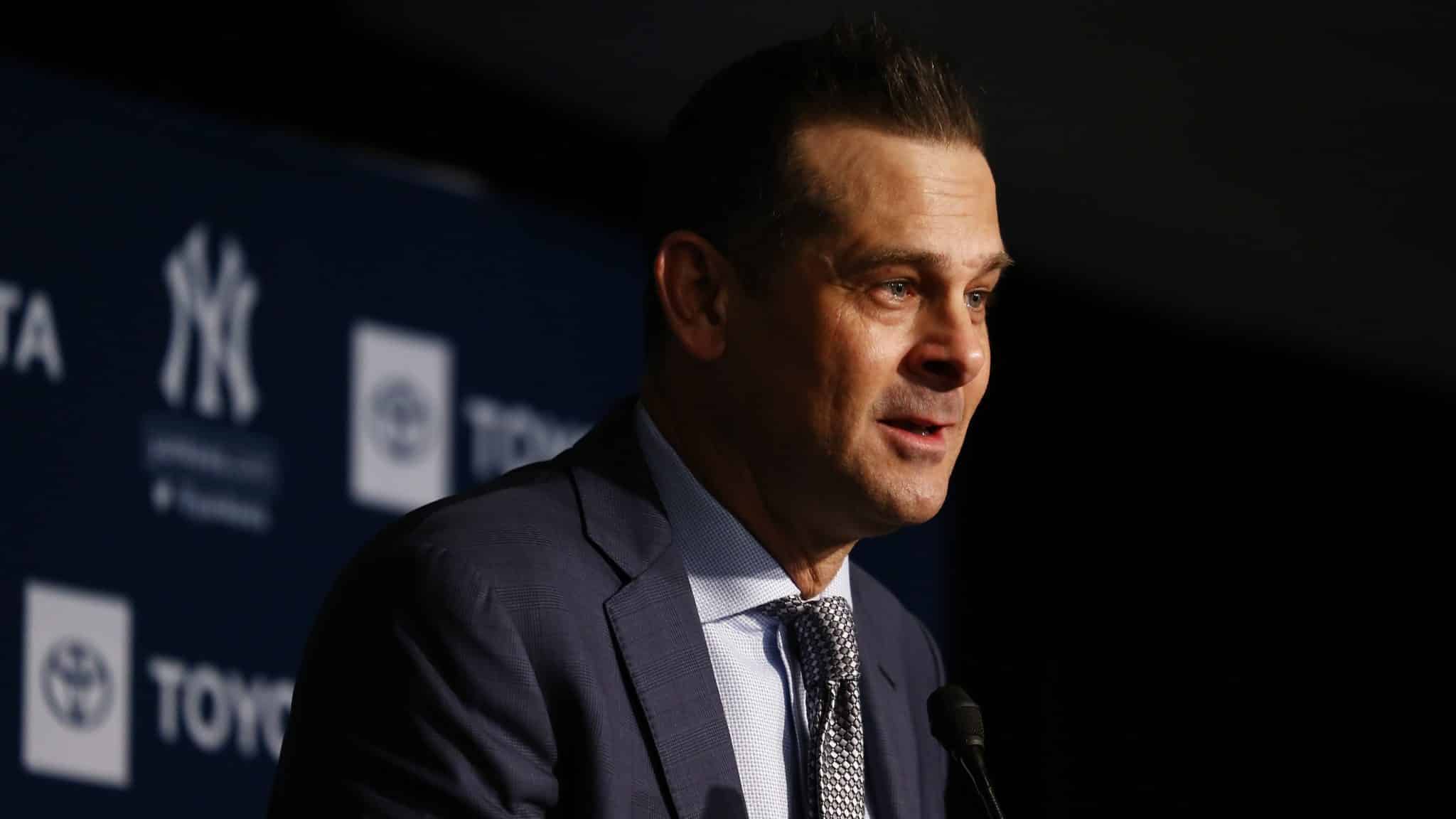 NEW YORK, NEW YORK - DECEMBER 18: New York Yankee manager Aaron Boone speaks to the media during the New York Yankees press conference to introduce Gerrit Cole at Yankee Stadium on December 18, 2019 in New York City.