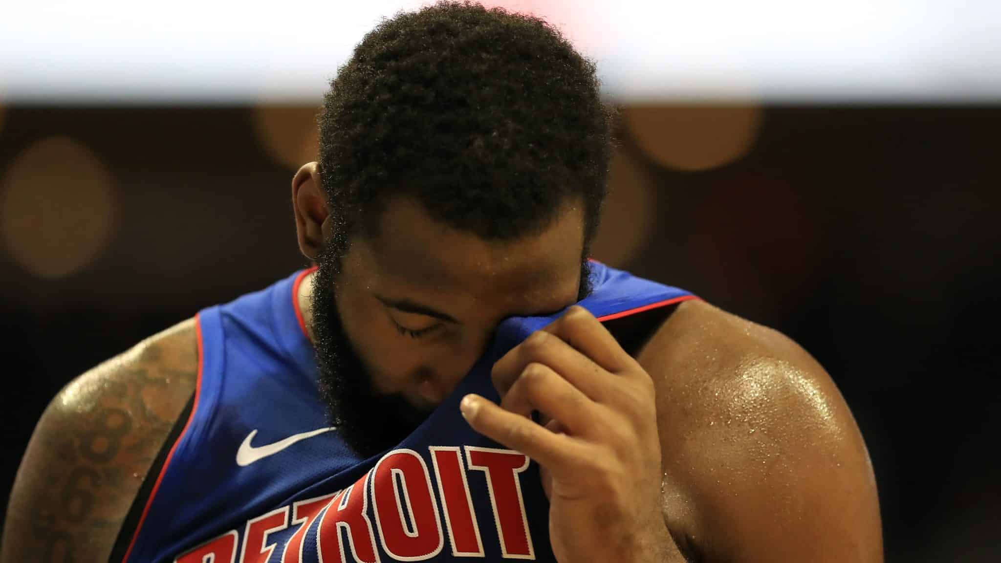 CHARLOTTE, NORTH CAROLINA - OCTOBER 16: Andre Drummond #0 of the Detroit Pistons during their game at Spectrum Center on October 16, 2019 in Charlotte, North Carolina. NOTE TO USER: User expressly acknowledges and agrees that, by downloading and or using this photograph, User is consenting to the terms and conditions of the Getty Images License Agreement.