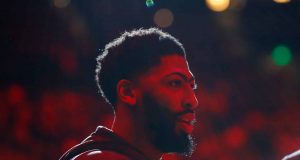 ATLANTA, GEORGIA - DECEMBER 15: Anthony Davis #3 of the Los Angeles Lakers reacts as he is introduced prior to the game against the Atlanta Hawks at State Farm Arena on December 15, 2019 in Atlanta, Georgia. NOTE TO USER: User expressly acknowledges and agrees that, by downloading and/or using this photograph, user is consenting to the terms and conditions of the Getty Images License Agreement.