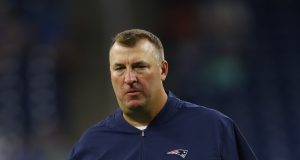 New England Patriots defensive line coach Bret Bielema watches during an NFL preseason football game against the Detroit Lions in Detroit, Thursday, Aug. 8, 2019.