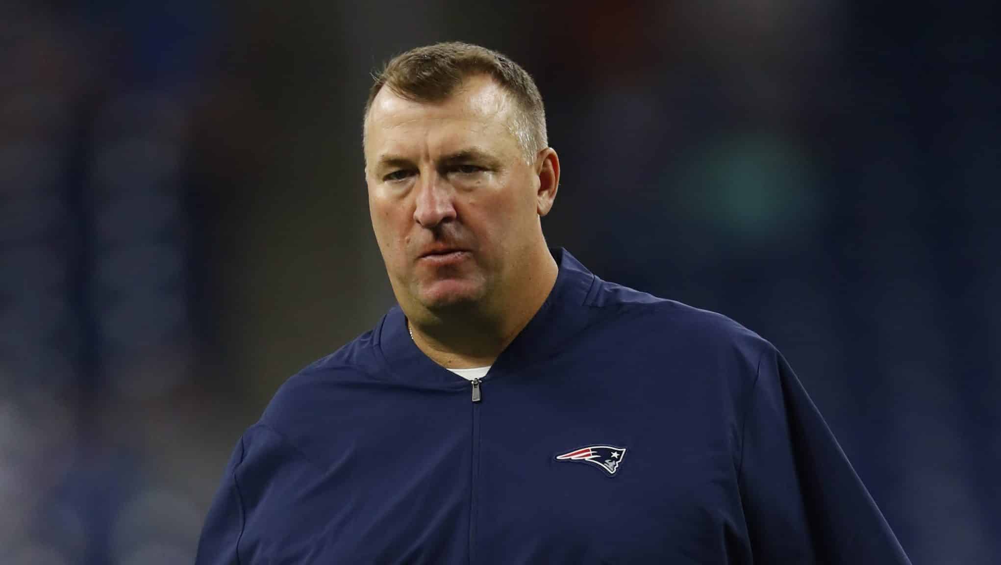 New England Patriots defensive line coach Bret Bielema watches during an NFL preseason football game against the Detroit Lions in Detroit, Thursday, Aug. 8, 2019.