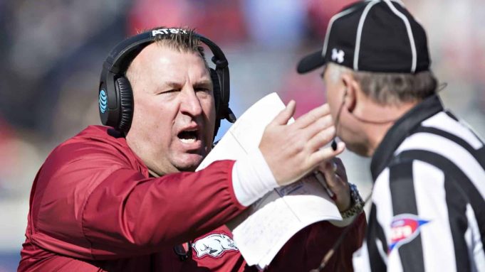 OXFORD, MS - OCTOBER 28: Head Coach Bret Bielema of the Arkansas Razorbacks calls a time out near the end of the game during a game against the Ole Miss Rebels at Hemingway Stadium on October 28, 2017 in Oxford, Mississippi. The Razorbacks defeated the Rebels 38-37.