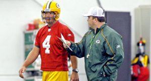 GREEN BAY, WI - MAY 5: Green Bay Packers' Brett Favre (L) talks with new head coach Mike McCarthy (R) before the start of the first mini camp at the Don Hutson Center on May 5, 2006 in Green Bay, Wisconsin.