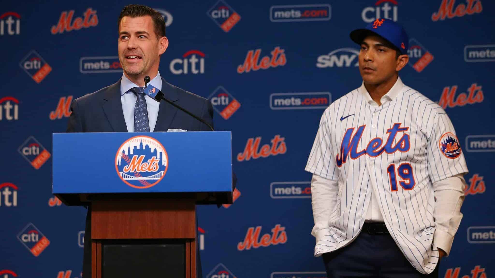 NEW YORK, NY - JANUARY 24: Luis Rojas, right, listens in as New York Mets General Manager Brodie Van Wagenen talks after being introduced as the team's new manager at Citi Field on January 24, 2020 in New York City. Listening in is the team's general manager . Rojas had been the Mets quality control coach and was tapped as a replacement after the newly hired Carlos Beltrán was implicated for his role as a player in 2017 in the Houston Astros sign-stealing scandal.