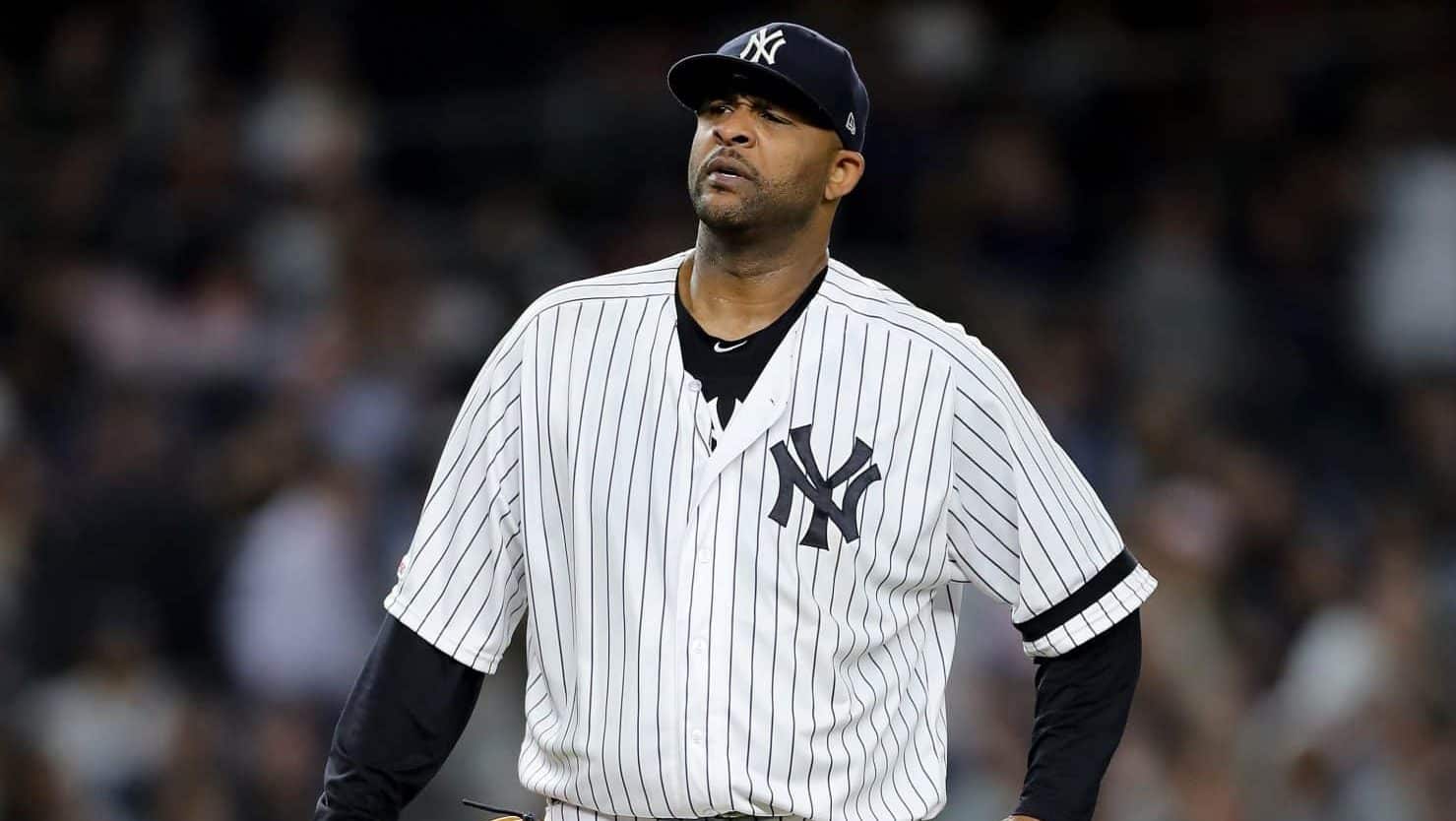 NEW YORK, NEW YORK - SEPTEMBER 18: CC Sabathia #52 of the New York Yankees reacts as he is about to be pulled from the game in the third inning against the Los Angeles Angels at Yankee Stadium on September 18, 2019 in the Bronx borough of New York City.