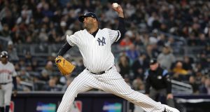 NEW YORK, NEW YORK - OCTOBER 17: CC Sabathia #52 of the New York Yankees delivers the pitch against the Houston Astros during the eighth inning in game four of the American League Championship Series at Yankee Stadium on October 17, 2019 in New York City.