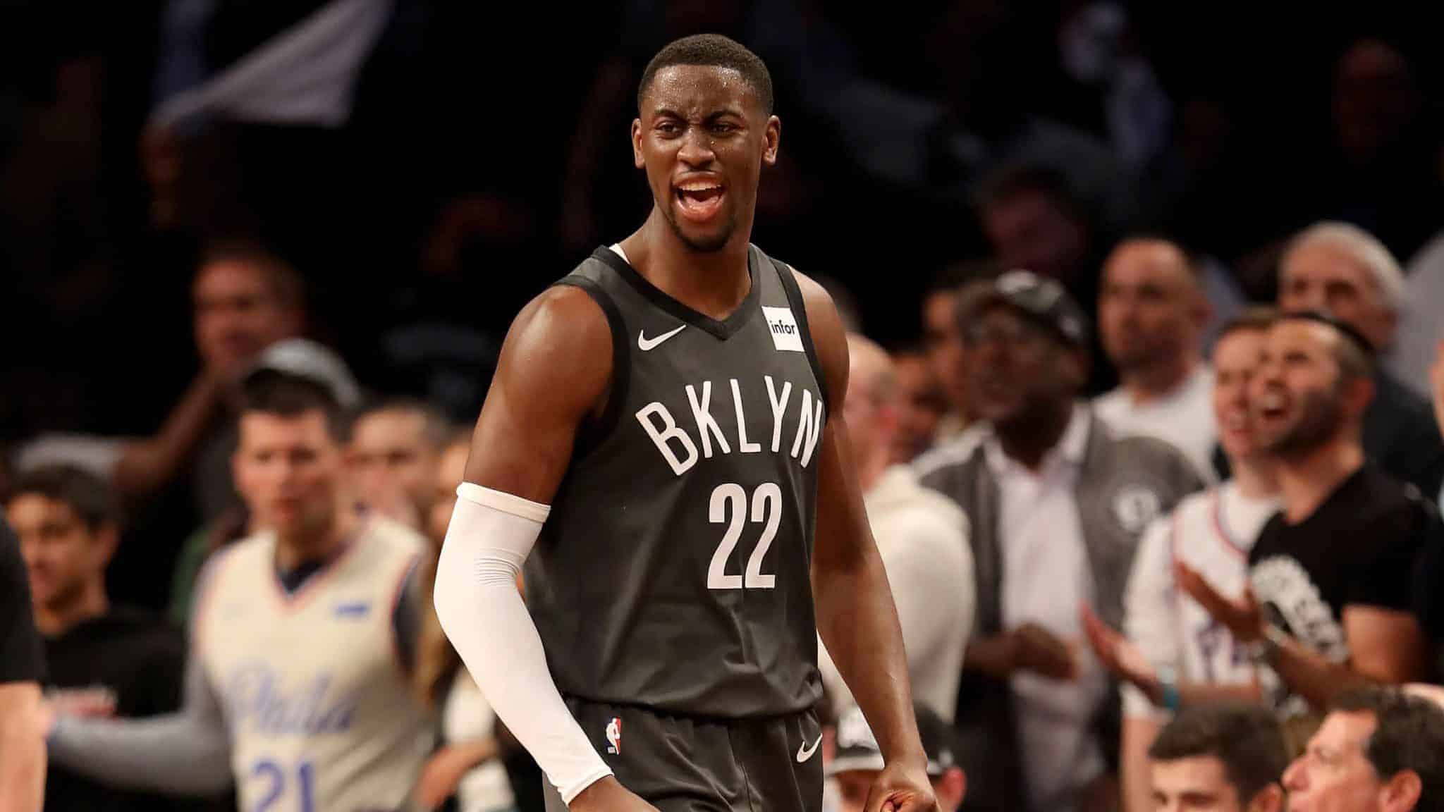 NEW YORK, NEW YORK - APRIL 20: Caris LeVert #22 of the Brooklyn Nets reacts in the first half against the Philadelphia 76ers at Barclays Center on April 20, 2019 in the Brooklyn borough of New York City. NOTE TO USER: User expressly acknowledges and agrees that, by downloading and or using this photograph, User is consenting to the terms and conditions of the Getty Images License Agreement.