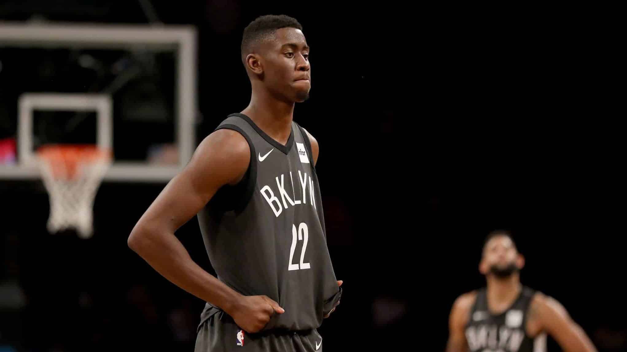 NEW YORK, NY - DECEMBER 14: Caris LeVert #22 of the Brooklyn Nets reacts to the loss to the New York Knicks at the Barclays Center on December 14, 2017 in the Brooklyn borough of New York City. NOTE TO USER: User expressly acknowledges and agrees that, by downloading and or using this Photograph, user is consenting to the terms and conditions of the Getty Images License Agreement.
