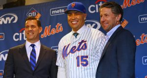 NEW YORK, NY - NOVEMBER 04: Carlos Beltran stands between General Manager Brodie Van Wagenen and COO Jeff Wilpon after being introduced as manager of the New York Mets during a press conference at Citi Field on November 4, 2019 in New York City.