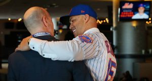 NEW YORK, NY - NOVEMBER 04: Carlos Beltran hugs radio broadcaster Gary Cohen after being introduced by as the manager of the New York Mets during a press conference at Citi Field on November 4, 2019 in New York City.