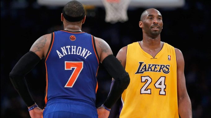 LOS ANGELES, CA - DECEMBER 29: Carmelo Anthony #7 of the New York Knicks and Kobe Bryant #24 of the Los Angeles Lakers talk during the first half at Staples Center on December 29, 2011 in Los Angeles, California. NOTE TO USER: User expressly acknowledges and agrees that, by downloading and or using this photograph, User is consenting to the terms and conditions of the Getty Images License Agreement.