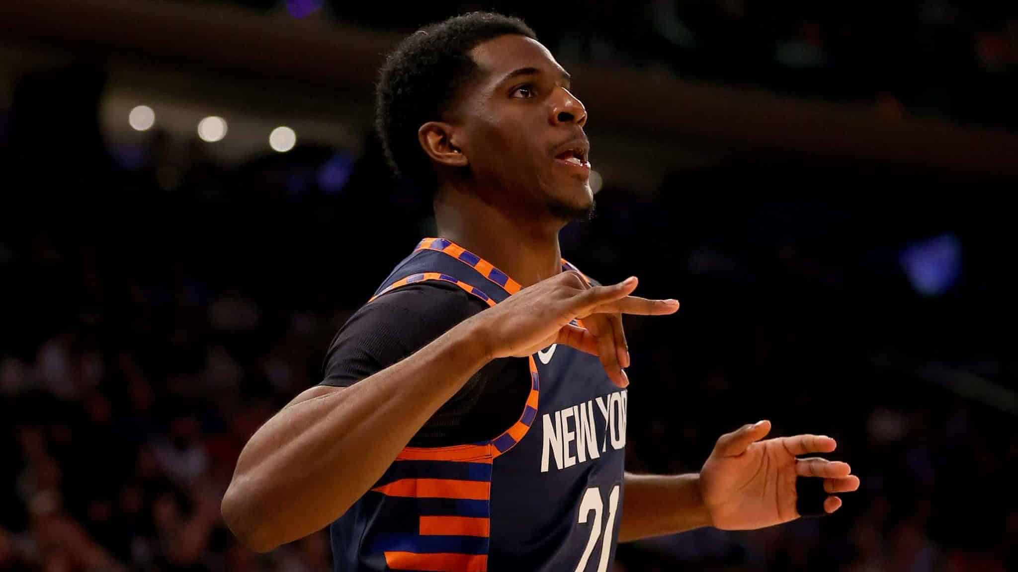 NEW YORK, NEW YORK - JANUARY 16: Damyean Dotson #21 of the New York Knicks celebrates his three point shot in the first half against the Phoenix Suns at Madison Square Garden on January 16, 2020 in New York City.
