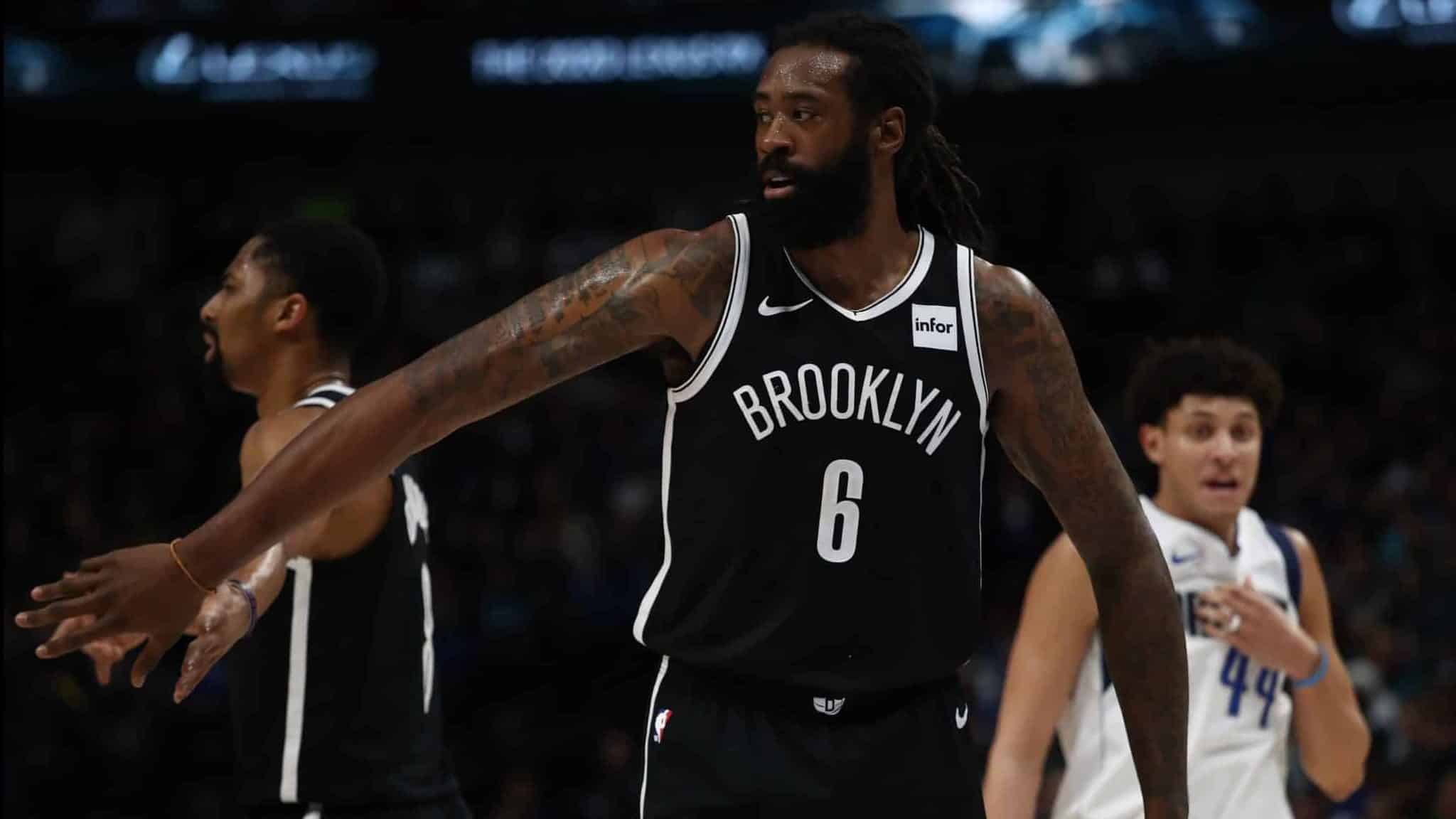 DALLAS, TEXAS - JANUARY 02: DeAndre Jordan #6 of the Brooklyn Nets at American Airlines Center on January 02, 2020 in Dallas, Texas. NOTE TO USER: User expressly acknowledges and agrees that, by downloading and or using this photograph, User is consenting to the terms and conditions of the Getty Images License Agreement.